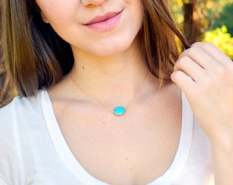 Gold Turquoise Necklace, Simple Turquoise Pendant, 14kt Gold Fill Turquoise Choker, Gold Turquoise Choker