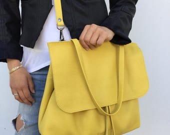 Leather shoulder bag/ Yellow tote leather bag/ Crossbody leather bag