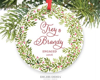 Our First Christmas Engaged Ornament Personalized Ornament Custom Engagement Gift Ceramic Ornament Wreath Christmas Ornament Gift for Couple