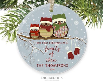 Our First Christmas as a Family of Three Mommy & Daddy Ornament Owl Family of 3 Ornament Personalized Christmas Ornament New Parents Gift