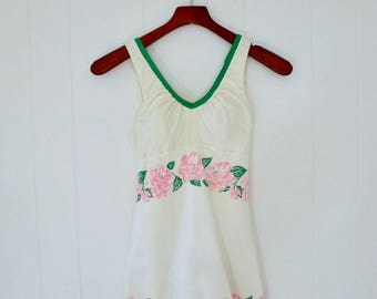60's Pinup Swimsuit Skirted Ceeb of Miami White Pink Hibiscus Floral Bathing Suit One Piece Swim Suit M