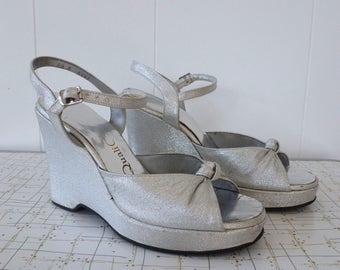 70's Platform Shoes Disco Ball Sparkling Silver Lamé Metallic Ankle Strap 40's Style Wedge Heels 8 N 8N 7.5