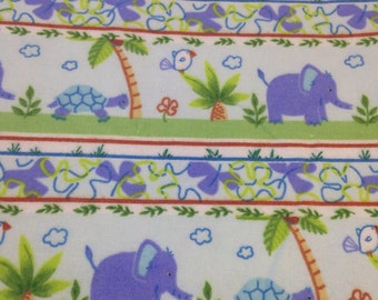 Elephant Jungle turtle Flannel, purple, green orange jungle flannel, pine trees, by the yard