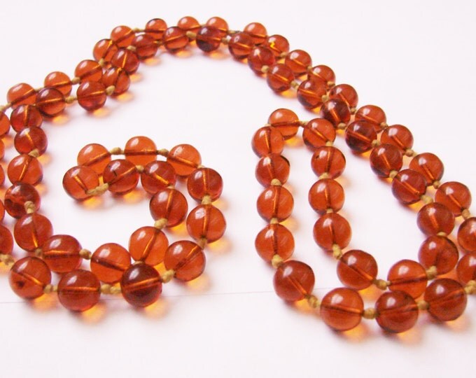 Antique Flapper Amber Glass Bead Necklace / 1930s / Hand Knotted / 42 Inches Long / Vintage Jewelry / Jewellery