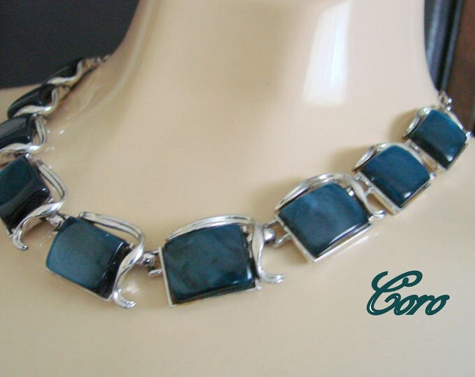 Vintage CORO Designer Signed Iridescent Navy Blue Thermoset Necklace / Mid Century Jewelry / Jewellery