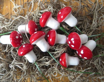 Tiny Mushrooms,red mini mushrooms on stems for miniature plant pots,fairy garden,crafts,decor,Set of 10,DIY,1/2" on 2" stem