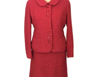 vintage 1960's Irish tweed skirt suit / Colette Modes Dublin / Donegal / pink red / peter pan collar / women's vintage suit / size medium