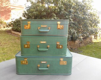 One Large Green Suitcase Vintage Travel Decor J. C. Higgins Luggage Case with Hangers Wedding Card Holder Wishing Well Middle Suitcase