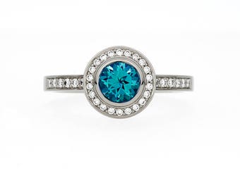 Swiss Blue Topaz halo engagement ring, diamond ring, bezel engagement ring, white gold, yellow gold, blue wedding, unique, vintage