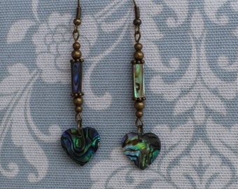 Vintage style Paua shell heart shaped earrings, abalone, colorful, gift, handmade, unique