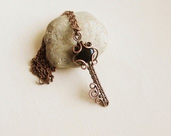 Key-Pendant Magic key Necklace copper wire wrapped pendant Copper anniversary gift Unisex necklace double-sided Black copper Key MW42