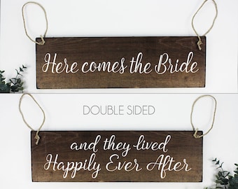 Happily Ever After Sign Ring Bearer Sign Here Comes the Bride Sign Double Sided Ring Bearer Sign Flower Girl Sign Rustic Wedding Decor