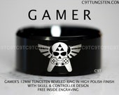 Legend Of Zelda Inspired 12MM Tungsten Gamer Wedding Ring, Black High Polish Beveled Ring, Free Inside Engraving