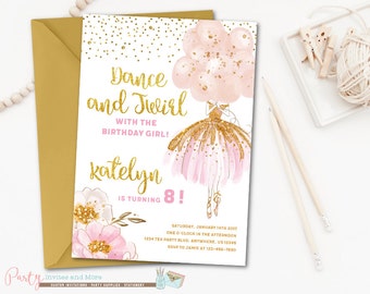 Ballerina Invitation, Ballerina Birthday Invitation, Tutu Birthday Invitation, Tutu Invitation, Dance and Twirl, Blush and Gold, Ballerinas
