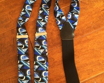 Blue Silk Suspenders, Pelican Suspenders, Vintage Mens Suspenders, Silk Clip Suspenders, Silver Clip Suspenders, Colorful Blue Suspenders