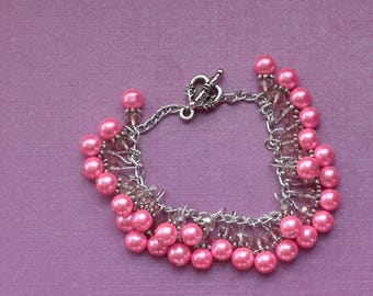 Hot pink cluster bracelet, dark pink cluster bracelet, pink pearl cluster bracelet, chunky pink bracelet, pink bridesmaid bracelet ideas