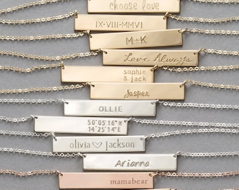 Rose Gold Bar Necklace • Personalized Name Plate Necklace • Custom Hand Stamped 14k Gold Fill or Sterling Silver Name Bar Necklace, LN155_32