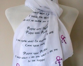 Prince Scarf. White scarf with Purple rain print. Musical scarf. Poetry scarf.