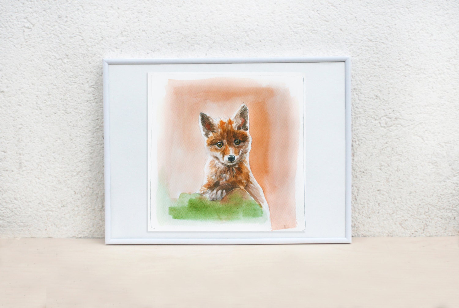 Baby Fox watercolor painting. Red fox painting. Tod painting.