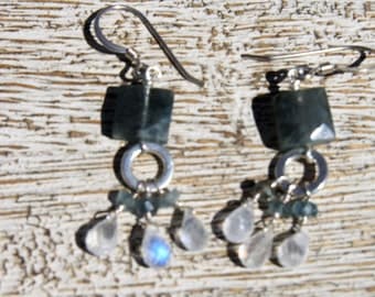 MOSS AQUAMARINE, Rainbow MOONSTONE Earrings. Faceted squares & small faceted briolettes. S.S./ organic/ woodland/ sparkle/ birthstone/ Boho/