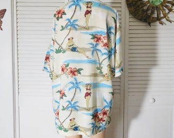 Hawaiian Shirt Ladies in Bathing Suits Women and Flowers Short Sleeve Button Down Collar Rayon