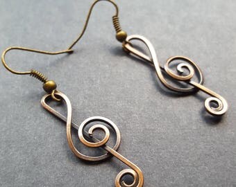 Treble Clef Earrings, Music Note Jewelry, Oxidized Copper Jewelry, Music Nerd Gift,Musical Notes,Treble Clef Note, Treble Clefs Art