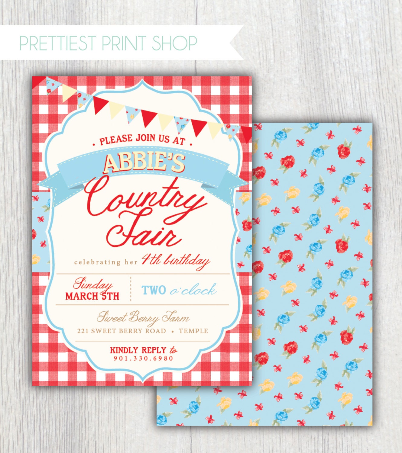 Printable Country Fair invitation Red Gingham Floral