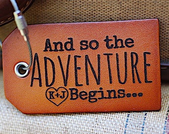 Luggage Tags, Wedding Shower Gift for Couple, Leather Identification Tags, Bag Tags, And So The Adventure Begins, Quote, Baggage Tags,