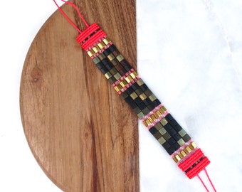Woven cuff bracelet made of micro macrame and miyuki tila japanese seed beads - Neon pink mordoré black and gold plated - Gift for her