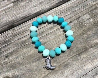 Mixed Blues Faceted Bead Bracelet with Cowboy Boot Charm