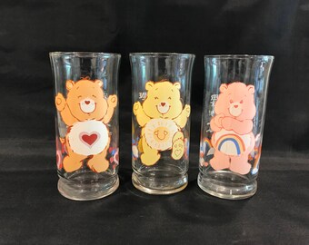 CARE BEAR GLASS, Vintage Care Bears Glass, Funshine Bear glass, Cheer Bear glass, Tender Heart Bear glass, vintage glass, Care Bear gift