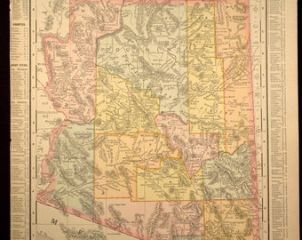 Arizona Map Arizona Antique Late 1800s Original 1890