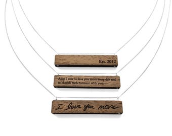5th Anniversary Gift for Her / Anniversary Gift for Girlfriend / Custom Engraved Wood Necklaces / Personalized with Handwriting, Quote, Date