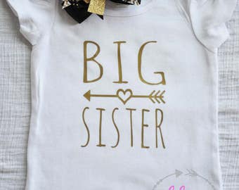 Long sleeve and short sleeve Big Sister Shirt or Bodysuit with Gold lettering - Puffy Sleeve shirt and ruffle neck long sleeve