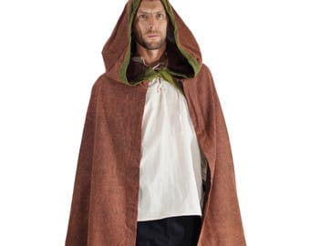 HOODED CLOAK - With trim and ties. Shawl, Cape, Jedi Robe, Renaissance Clothing, Medieval Cloak - Stone Brown with Green Trim