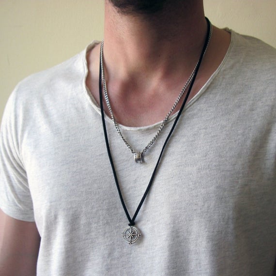 Mens Layered Necklace Set Mens compass Necklace Leather