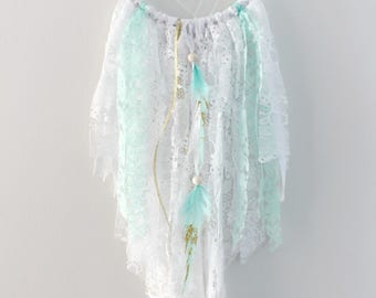 Mint and Gold Dreamcatcher, White Dream Catcher, Gold Feather Decor, Boho Chic, Nursery Dreamcatcher, Mint Nursery Decor, White Mint & Gold