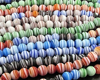Matte Striped Glass Lampwork Beads, 7.5mm Rounds, Choice of Colors, 20 pc Strand S220