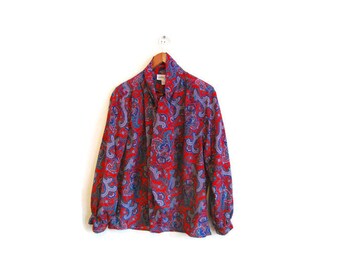 Vintage Secretary Blouse Tie Neck Shirt Red PAISLEY shirt 1980s boho clothing Paisley top button down shirt womens LARGE