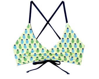 Reversible Scrunch Front Bikini Top- MADE TO ORDER // Pineapple // Black // Yellow // Summer // Halter top // Beach // Swimwear // Custom