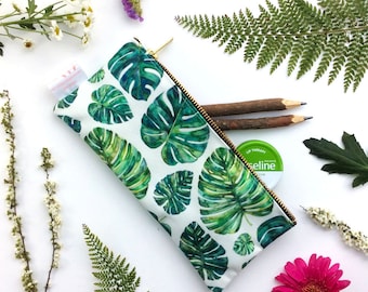 Tropical Leaves, Pencil Case, Emerald, Leaves, Cosmetic Bag, Tropical Pencil Case, Exotic Print, Pouch, Zipper Pouch, organiser, small bag