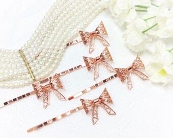 5 Pc. Rose Gold Little Bow Hair Clips, Bobby Pins, Barrette, Vintage Accessories For Weddings, Dress up, Bridal Shower, Tea time #A374