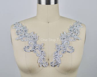 Laadah Silver Lace Applique Pair. Swirl Silver Scattered with Beads and Sequins. Symmetrical Shaped 10" in Size