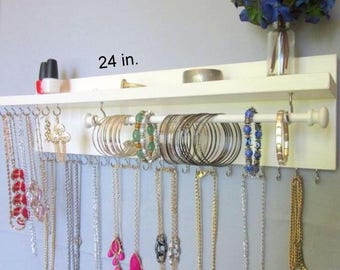 Jewelry Organizer with Shelf, Earring Display, Wall Jewelry Hanger, Necklace Holder, Bracelet Bar, Earring Holder, 32 Hooks, 24 in.