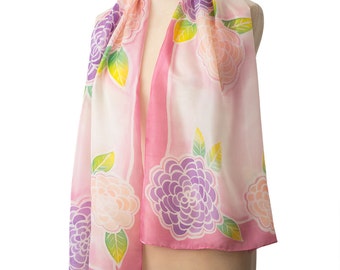 Pink floral silk scarf / hand painted silk scarf / silk anniversary / Christmas gift for her / designer silk scarf / spring gift for mum