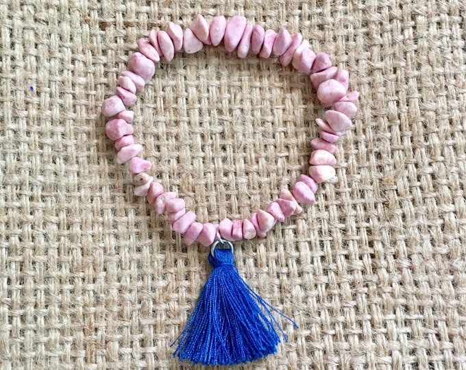 Stone Chip Bracelet, Tassel Bracelet, Pink Stone Bracelet, Stone Bead Bracelet, Blue Tassel Bracelet, Boho Stone Bracelet, Tassel Jewelry