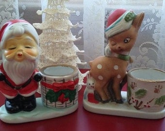 Kissing Santa & Winking Reindeer set of 2 Vintage hand painted porcelain candleholder 1970's Christmas decorations kitsch candy cane holder