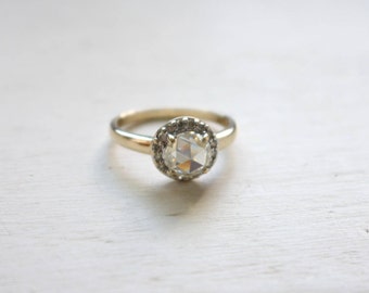 ON HOLD For Megan: 7.00mm Rose Cut Moissanite in Yellow and White Gold Vintage Style Diamond Halo Ring, with Gold Band