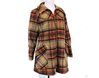 faux shearling coat • vintage plaid wool warm winter jacket • retro 70s brown long coat • casual zippered jacket • hippie • womens size S M