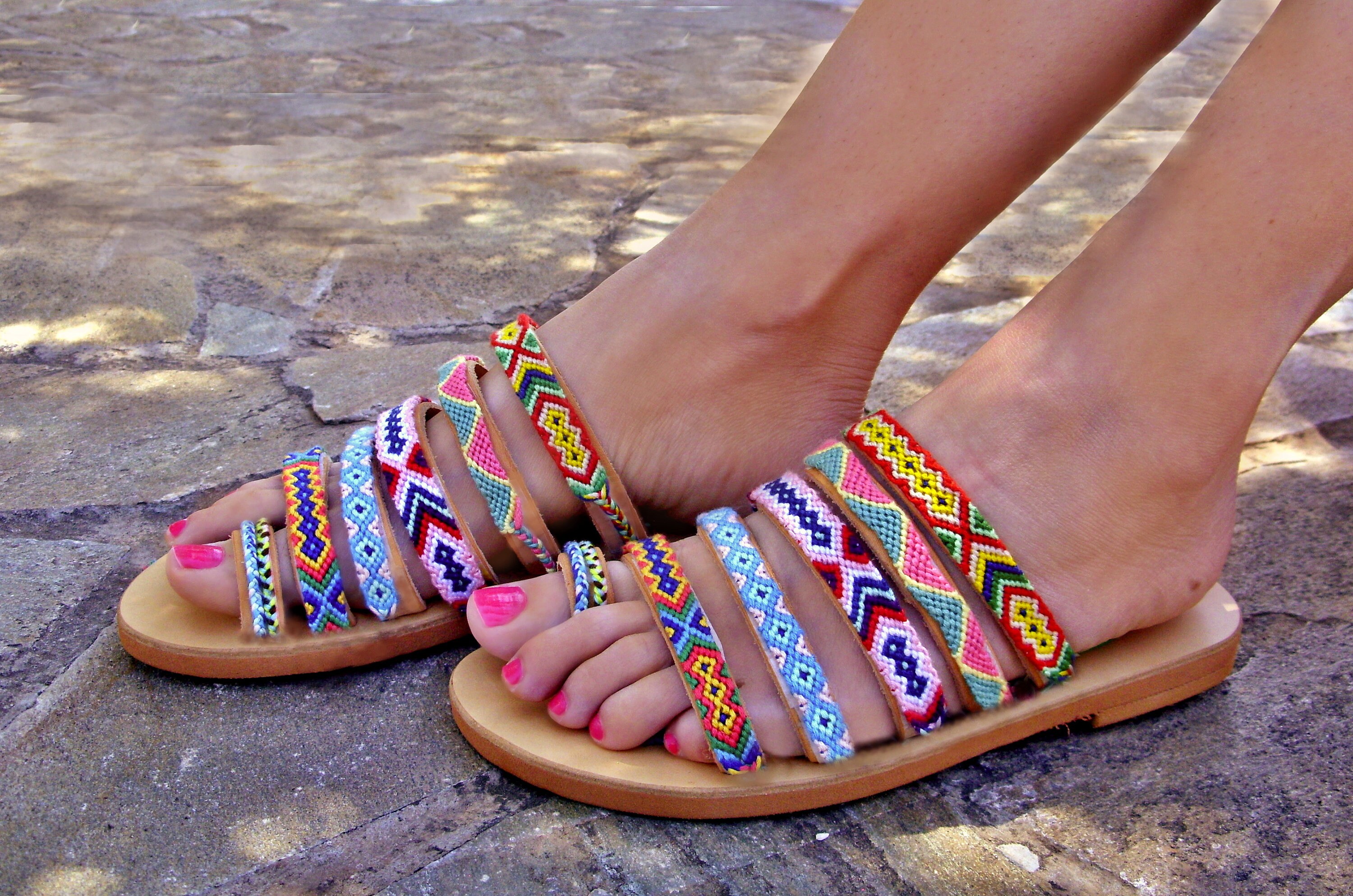 Colorful Leather Sandals Greek Boho Sandals Bohemian